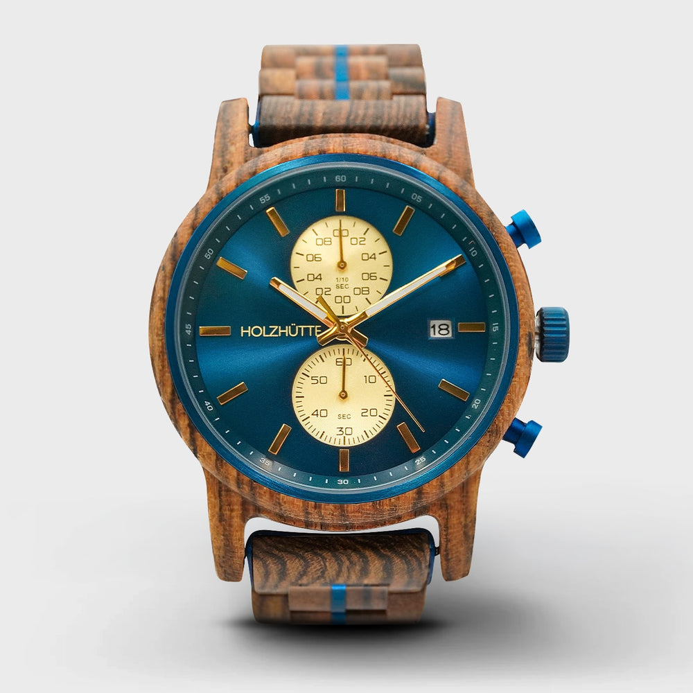 Holzarmbanduhr Blau-Gold - Hongkong Design mit luxuriösem Touch