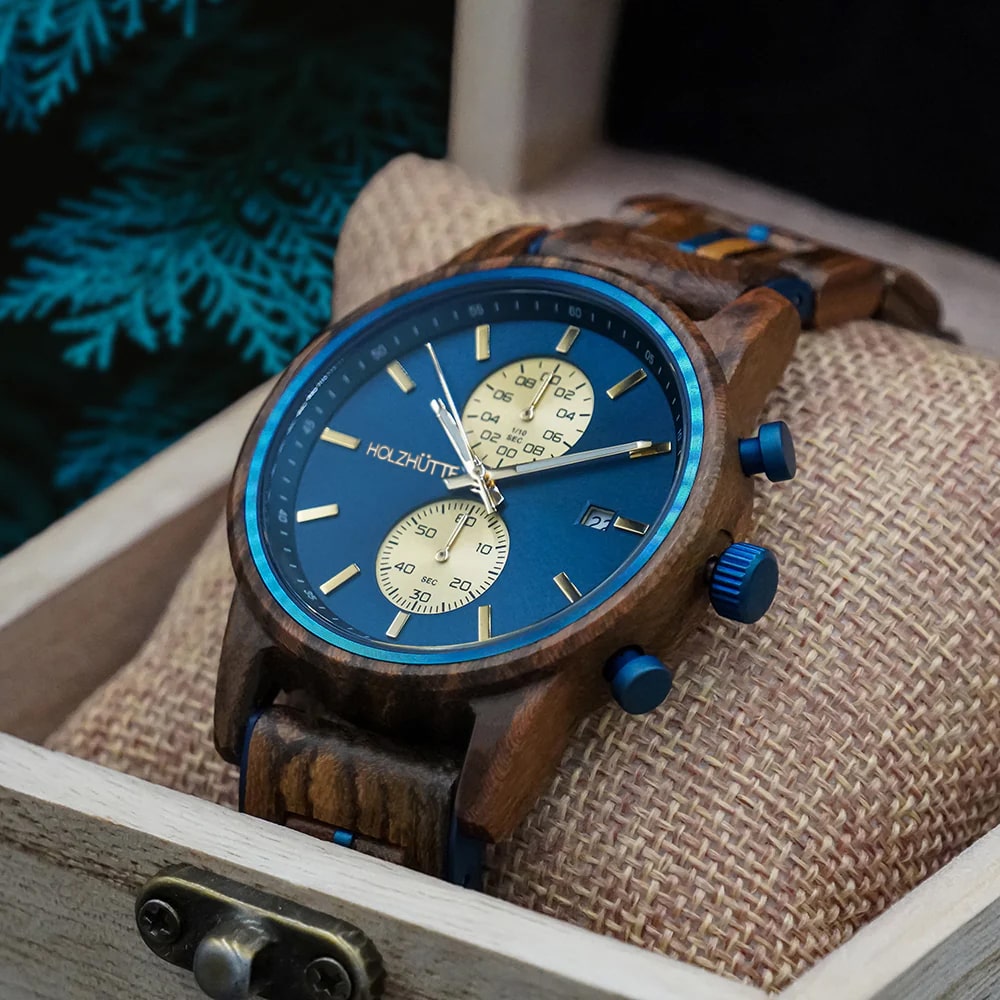 Holzhütte Holzarmbanduhr - Hongkong Design in Blau & Gold