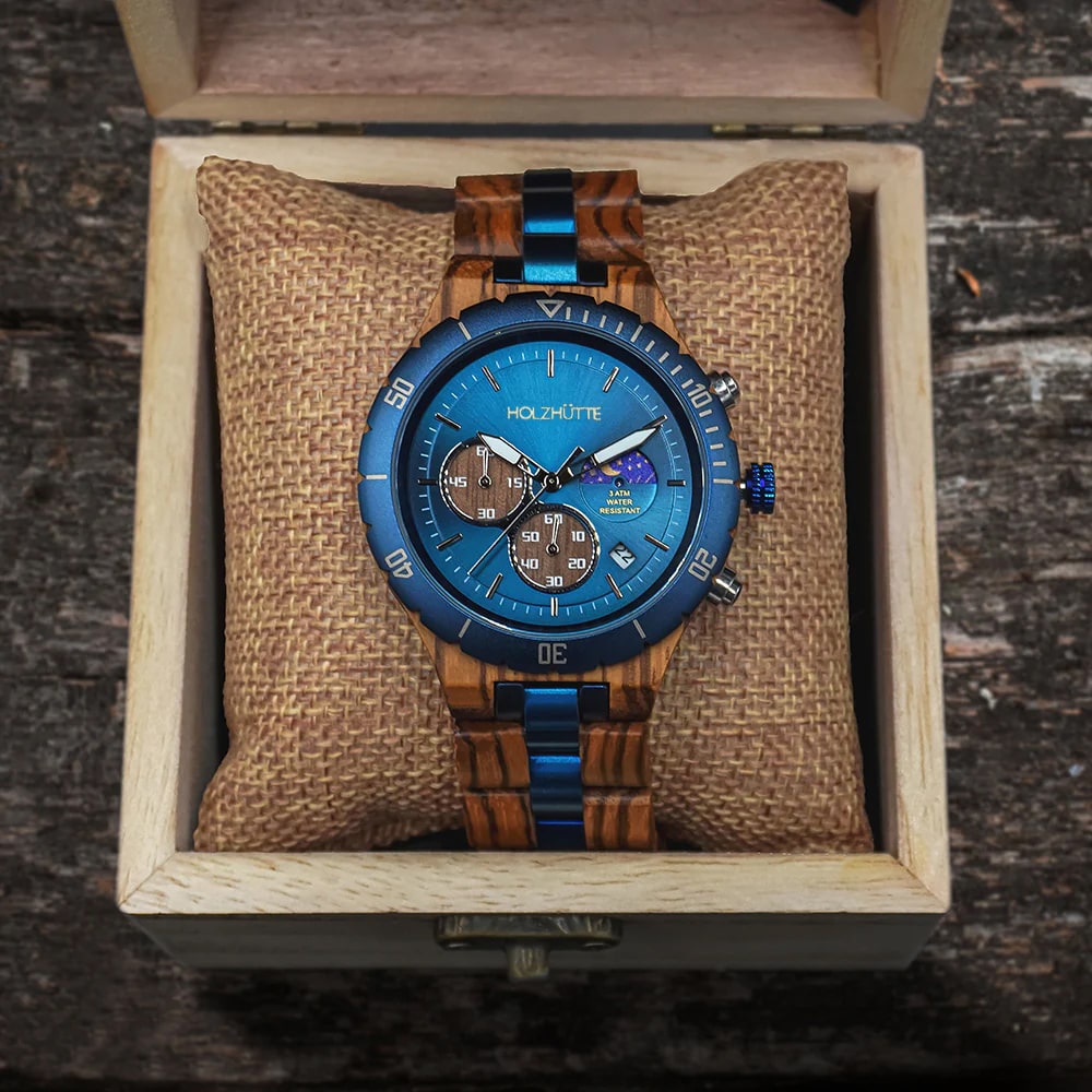 Mailand Holzuhr – Blaue Chronographenuhr mit Holzarmband