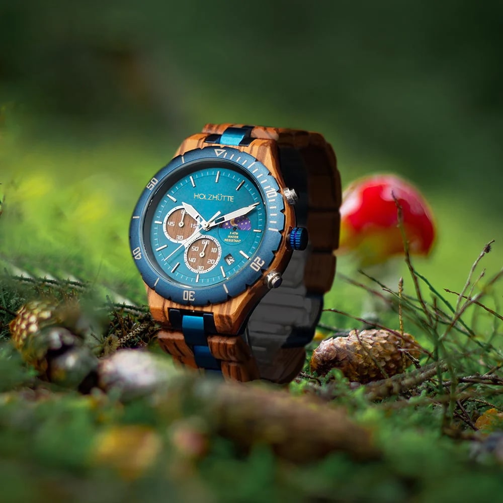 Luxuriöse Holzuhr Mailand – Blaues Zifferblatt mit Holzdetails