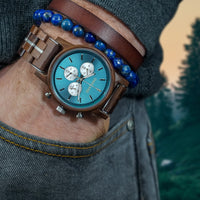 Chronograph Holzarmbanduhr für Herren mit blauen Ziffernblatt