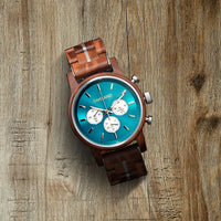 Chronograph Holzarmbanduhr für Herren mit blauen Ziffernblatt